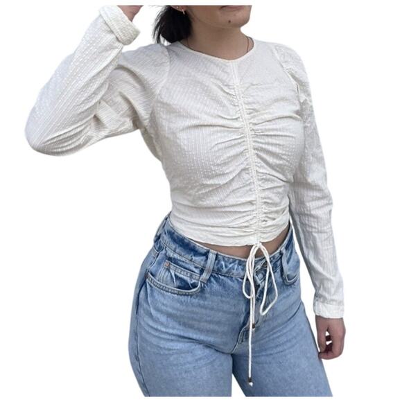 Free People Women's long sleeve crop top cinch front Ivory Size XS Boho Chic - Picture 1 of 12